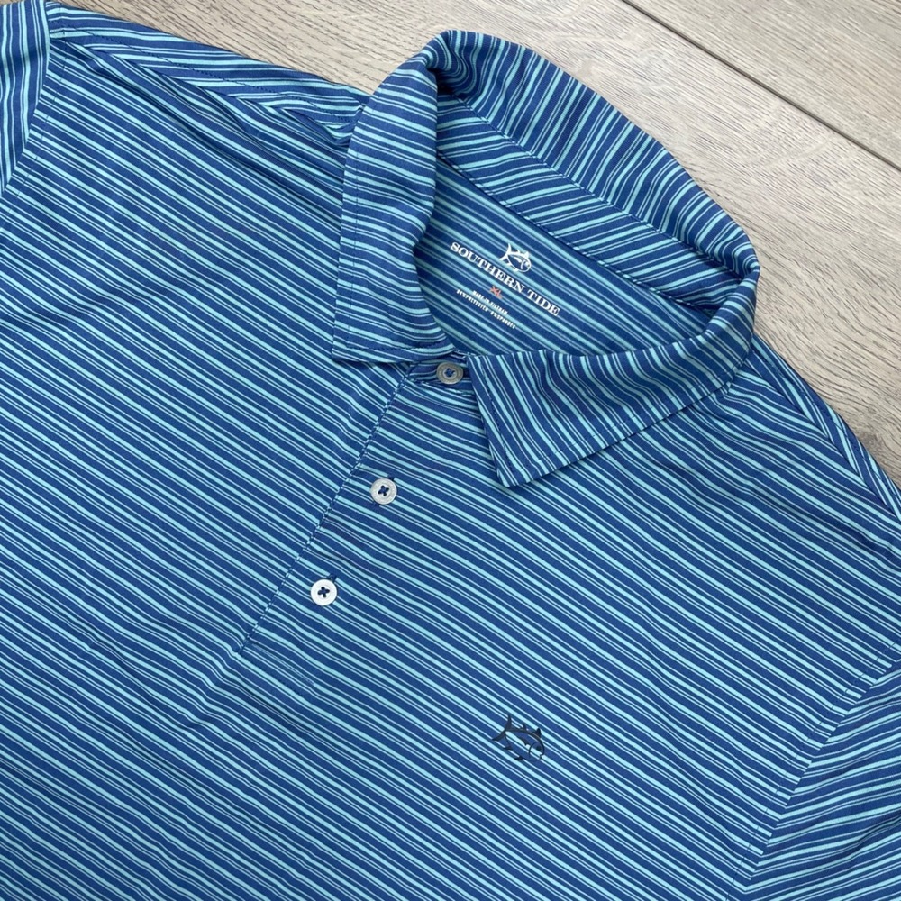 Southern Tide Polo Shirt Mens XL Blue Striped Short Sleeve Performance Golf